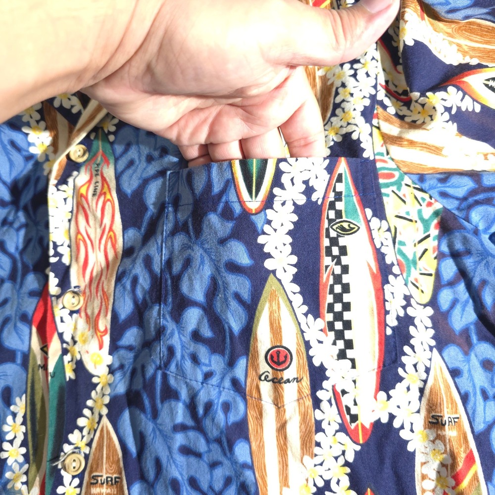 RJC Surfboard Hawaiian Shirt Mens Medium Aloha Beach Camp Casual Blue Outdoor - Picture 6 of 8